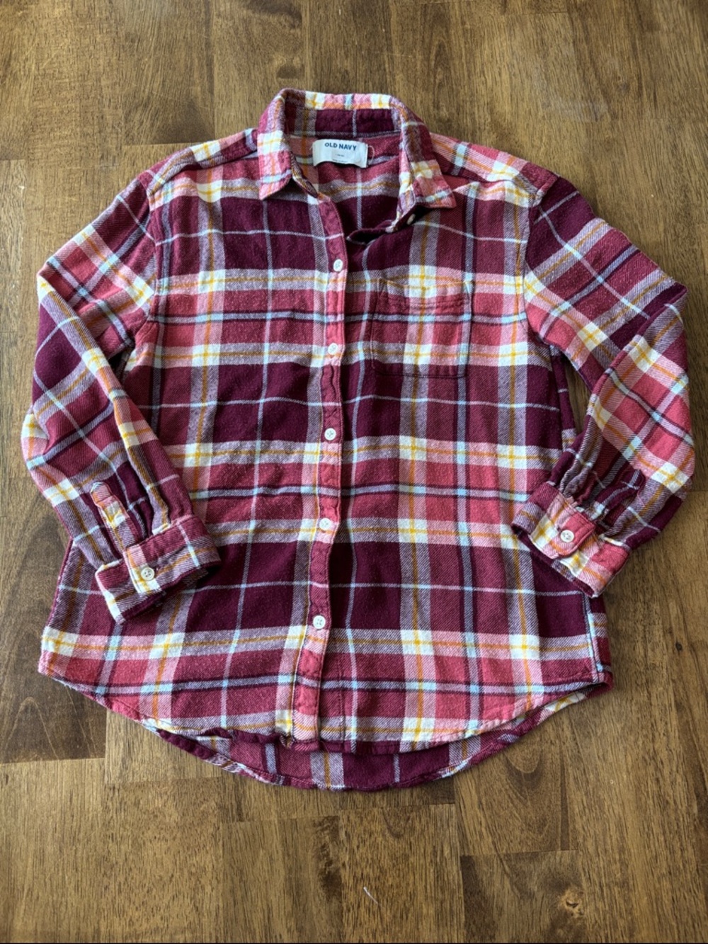 Old Navy Burgundy, Pink & Yellow Plaid Flannel Kids Button-Down Shirt